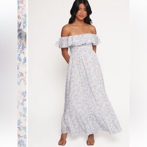 🪽Petal & Pup Off Shoulder Floral Maxi Dress in Blue and White